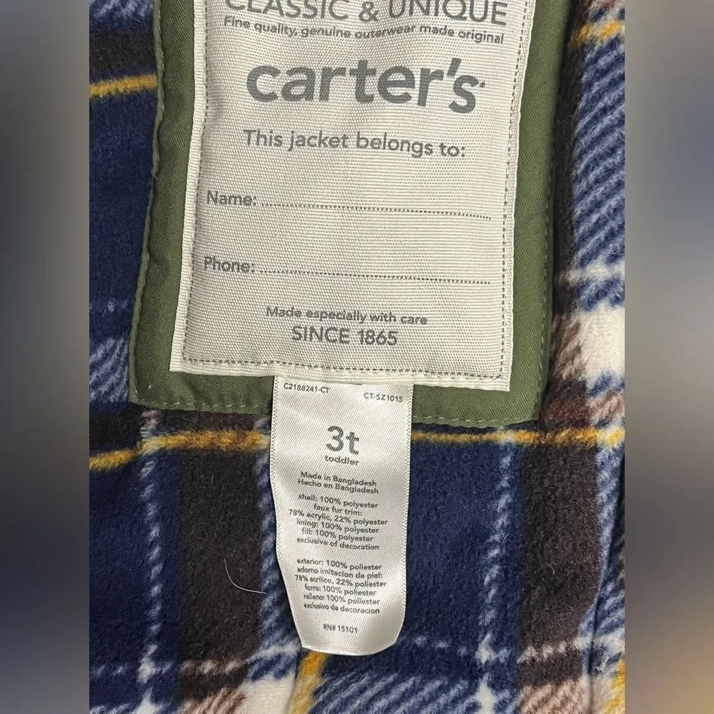 Carter's Boy Puffer Jacket Faux Fur Sherpa Coat 3T